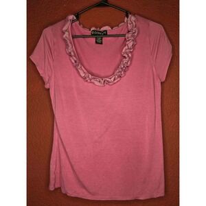 C‎ Concept Pink Ruffle Neck Short Sleeve T Shirt Casual Top
